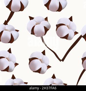 Branches motifs sans couture en coton.Coton doux sur fond blanc.Une texture sans fin pour votre conception.Illustration vectorielle Illustration de Vecteur