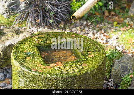 Fontaine japonaise en pierre avec pièces de monnaie à l'intérieur Banque D'Images