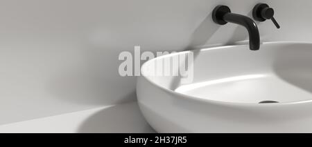 Lavabo et robinet dans la salle de bains, détails intérieurs.Robinet noir et mélangeur montés sur un mur gris, lavabo blanc.Design minimaliste moderne, espace, bannière.3d i Banque D'Images