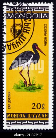 MONGOLIE - VERS 1985: Un timbre imprimé en Mongolie montre le ciconia nigra, un grand oiseau, vers 1985 Banque D'Images