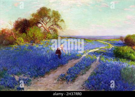 Bluebonnet Scene with Girl de Julian Onderdonk (1882-1922), huile sur toile, 1920 Banque D'Images