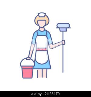 Housemaid - icône de style moderne et coloré sur fond blanc.Image nette et détaillée de la femme de ménage en uniforme.Mettre la pièce en place, transpirante Illustration de Vecteur