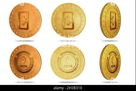 Thêta Network symbole crypto-monnaie pièce d'or isolée sur fond vert d'écran.Illustration du concept abstrait. Banque D'Images