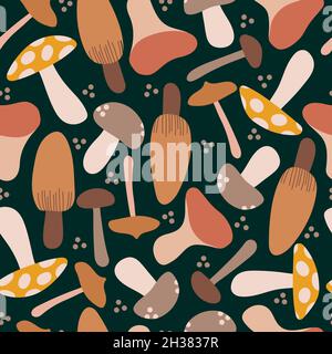 Motif vectoriel sans couture de champignons sauvages comestibles de la forêt dans des couleurs brunes dans un style d'illustration puéril avec un fond sombre et des points clairs Illustration de Vecteur