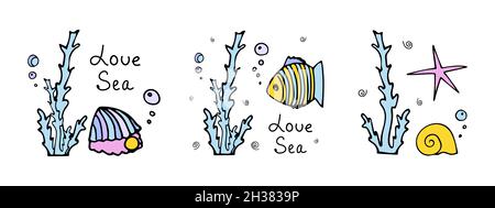 Ensemble d'étoiles de mer colorées avec vagues, coquillages avec bulles d'air, poissons près des algues.Style Doodle.Expression Amour mer. Illustration de Vecteur