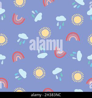 Motif vectoriel sans coutures pour les enfants avec pluie, nuages, arc-en-ciel et soleil, style minimaliste et fond lilas Illustration de Vecteur