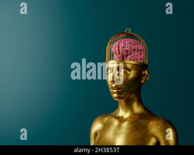 portrait d'une statue de femme dorée avec tête de cage et cerveau à l'intérieur. concept art. rendu 3d Banque D'Images