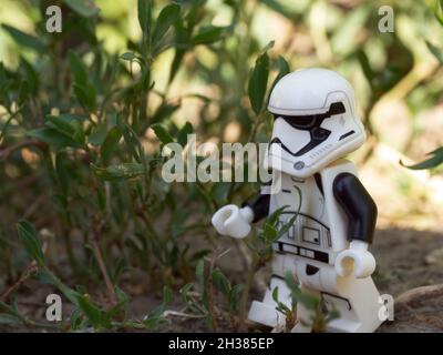 Chernihiv, Ukraine, 13 juillet 2021.Une promenade impériale de stormtrooper parmi les plantes, une figurine en plastique.Rédactionnel. Banque D'Images