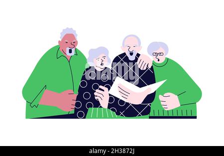 Les personnes âgées chantent choral à partir d'un livre de chant ensemble isolé sur blanc.Les couples de personnes âgées ont un passe-temps musical.Illustration de vecteur d'art plat Illustration de Vecteur