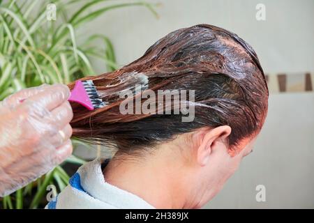 Gros plan d'un mari qui teint les cheveux de sa femme à la maison. Banque D'Images