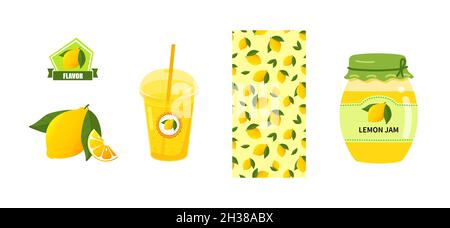 Définir l'illustration avec du citron.Bol en verre avec étiquette et bourrage jaune. Illustration de Vecteur