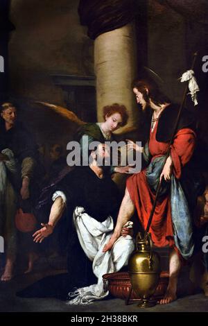 Saint Agostino lave i piédi di Christo en sembianze di pellegrino Saint Augustine lave les pieds de Christo sous le couvert d'un pèlerin 1625 Bernardo Strozzi (1581–1644), Italie, Italien, Banque D'Images