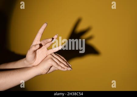 Femme faisant l'orignal ombre avec ses mains sur fond de couleur Banque D'Images