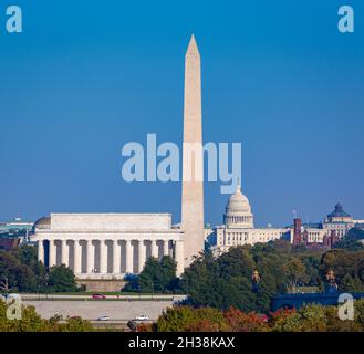 WASHINGTON, DC, USA - Skyline de Lincoln Memorial, le Washington Monument, le Capitole et le dôme (L-R). Banque D'Images