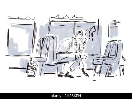 Triste Guy et Big question Mark assis seul au Subway, image de scène de style de vie.Illustration de la communication avec les médias.Dessin animé avec Contour et Dist Banque D'Images