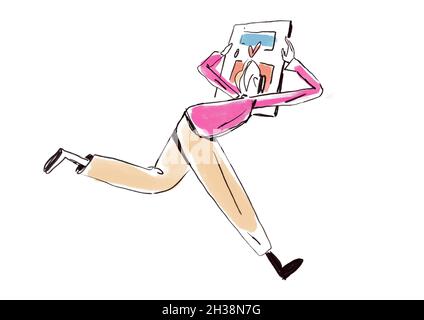 Personnage tournant à Street Focus sur grand écran , touchez petit coeur avec la tête dans la scène drôle de style de vie.Illustration de la parodie des médias sociaux.Bande de CO Banque D'Images
