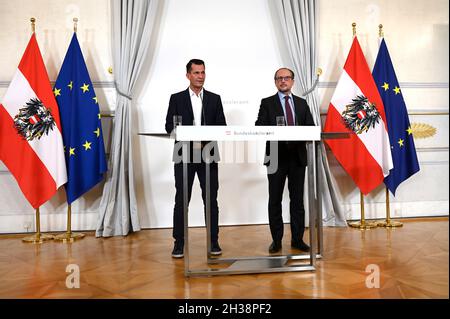 Vienne, Autriche.22 octobre 2021.Conférence de presse sur la situation actuelle de Corona et les nouvelles mesures avec le Chancelier fédéral Alexander Schallenberg Banque D'Images