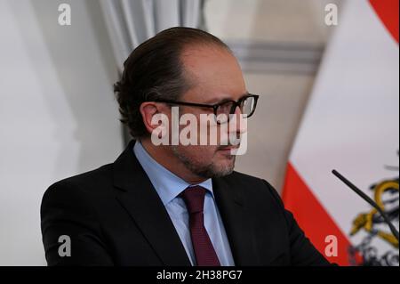 Vienne, Autriche.22 octobre 2021.Conférence de presse sur la situation actuelle de Corona et les nouvelles mesures avec le Chancelier fédéral Alexander Schallenberg Banque D'Images