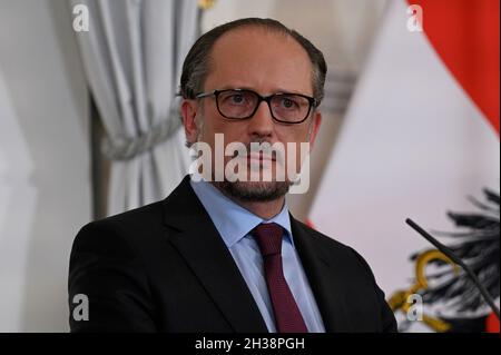 Vienne, Autriche.22 octobre 2021.Conférence de presse sur la situation actuelle de Corona et les nouvelles mesures avec le Chancelier fédéral Alexander Schallenberg Banque D'Images