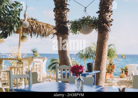 Terrasse avec tables et chaises en bois blanc et palmiers Banque D'Images