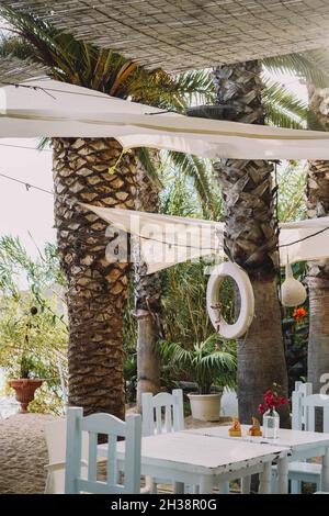 Terrasse avec tables et chaises en bois blanc et palmiers Banque D'Images