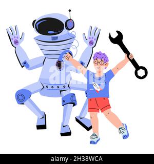 Cours de robotique, de programmation et d'ingénierie pour les enfants, école informatique et électronique pour les enfants.Robot de création et de programmation pour enfants, dessin animé plat vect Illustration de Vecteur