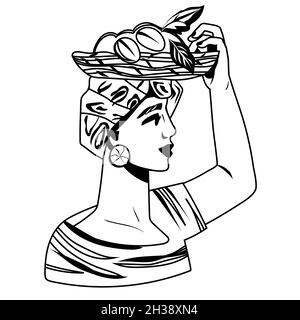Femme avec paniers de grains de café en noir et blanc monochrome graphique, illustration vectorielle isolée sur fond blanc.Emblème de l'industrie du café ou Illustration de Vecteur