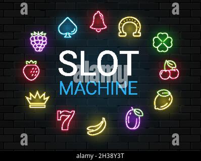 Machine à sous icône de casino néon.Ensemble de panneaux de machine à sous au néon de casino de fruit vegas Illustration de Vecteur