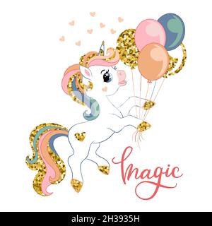 Adorable dessin animé unicorn avec ballons et texte Magic.Vector llustration or et les couleurs tendance isolés sur blanc.Pour autocollant, design, décoration, pri Illustration de Vecteur