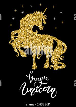 Silhouette de belle licorne avec de longues lamanes et contes, étoiles et lettrage.Silhouette dorée du licorne.Illustration vectorielle isolée sur fond noir Illustration de Vecteur