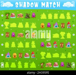 Jeu Shadow Match, maisons de fées de dessin animé et les habitations, jeu de table d'enfants de vecteur.Associez la silhouette correcte, le jeu de société pour les enfants avec l'orf et le hom nain Illustration de Vecteur