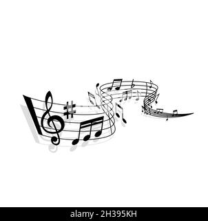 Vague musicale de musique vectorielle avec notes musicales, personnel tourbillonnant, fente d'aigus, lignes de barres et symbole net avec ombre.Marques de notation musicale de moi Illustration de Vecteur