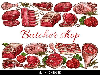 Boucherie, viande de porc, de veau et de volaille.Dessin à la main de côtes vectorielles, poulet ou dinde, porc ou branche de boeuf, filet de bœuf, steak et ventre, bacon stri Illustration de Vecteur