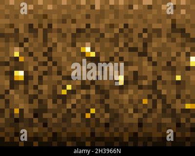 Nuggets d'or et minerai dans le motif de blocs de terre, le fond de vecteur de jeu de pixels cubes.Gold mine Craft pour interface de jeu d'ordinateur, 8bit pixel undergrou Illustration de Vecteur