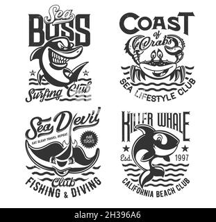 Tirages de t-shirts pour le surf, la plongée et la pêche, vagues de la mer et de l'océan, icônes vectorielles.Surf, plongée et club de pêcheurs emblème de requin, crabe et orque, s Illustration de Vecteur