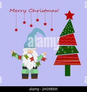 Modèle de carte postale avec petit gnome et sapin de noël.Illustration de Noël festif. Illustration de Vecteur