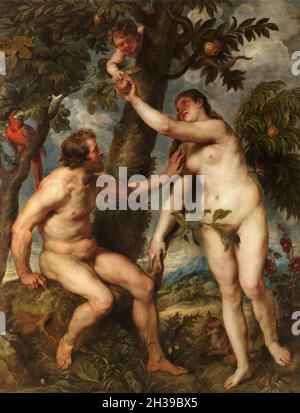 Eve acceptant le fruit interdit dans le jardin d'eden, peinture par Rubens Banque D'Images