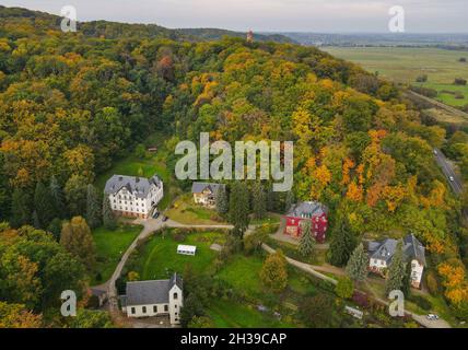 Bad Freienwalde, Allemagne.19 octobre 2021.La tour Bismarck de 28 mètres de haut dans la zone de randonnée près de Bad Freienwalde se dresse entre les arbres de couleur automnale au-dessus de la maison de mission 'malche' (photographie aérienne prise avec un drone).'Gipfelstürmer' est le nom d'un sentier de randonnée de 22 kilomètres à travers le paysage de basse montagne près de Bad Freienwalde.Il n'a été autour que depuis l'année dernière, et en 2021 il a été élu le sentier de randonnée le plus populaire dans l'est de l'Allemagne par 'Wandermagain'.Credit: Patrick Pleul/dpa-Zentralbild/dpa/Alay Live News Banque D'Images