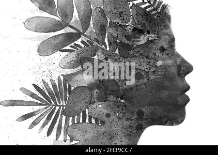 Peinture.Plantes dessinées à la main combinées à un portrait de profil.Touche Bas Banque D'Images