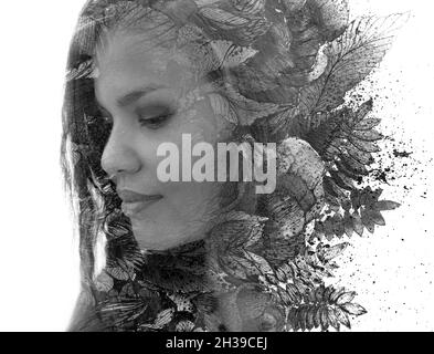 Peinture.La double exposition artistique expressive est le résultat de la combinaison d'une peinture et d'un portrait Banque D'Images