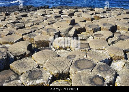 La chaussée des géants, située dans le pays d'Antrim, sur la côte de l'Irlande du Nord, a traversé une surface inégale d'anciennes formations rocheuses volcaniques Banque D'Images