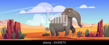 Promenade amusante à dos d'éléphant dans le paysage désertique du parc safari ou du zoo en plein air.Personnage animal sauvage de dessin animé sur fond de nature déserte avec sable, rochers et cactus.Environnement sauvage Illustration du vecteur Illustration de Vecteur