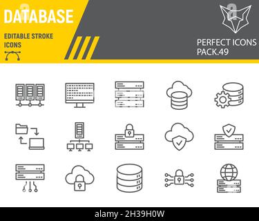 Jeu d'icônes de ligne de base de données, collection de cloud computing, graphiques vectoriels, illustrations de logo, icônes de vecteur Big Data, signes de base de données, pictogrammes de contour, contour modifiable Illustration de Vecteur