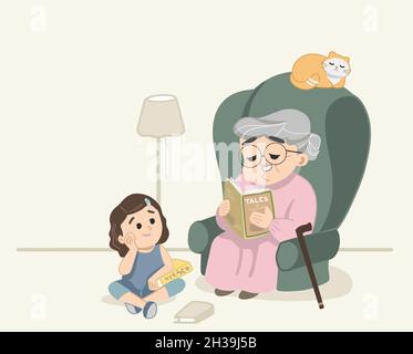 Granny racontant des histoires et lisant des histoires à la petite-fille mignonne, tandis que le chat dormait sur le canapé.Jolie scène granny, petite fille et chaton à l'intérieur insi Illustration de Vecteur