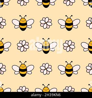 Motif mignonne sans coutures abeille.Papier numérique d'illustration de fleurs et de bourdons de dessins animés à motifs vectoriels, isolé sur fond blanc, idéal pour les imprimés en tissu pour enfants Illustration de Vecteur