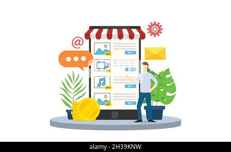 jeton non fongible nft shop ou vendeur artiste avec des produits numériques de vente masculins avec illustration vectorielle moderne de style plat Banque D'Images