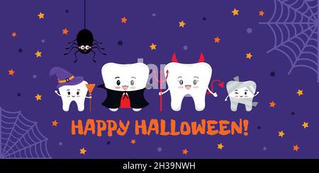 Happy Halloween teeth famille dans le costume de carnaval sur la carte de voeux dentaire. Illustration de Vecteur