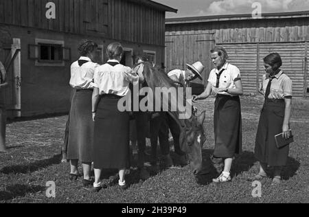 Mitglieder der NS-Frauenschaft zu Gast auf einem Bauernhof, Deutschland 1930er Jahre.Quelques membres de l'organisation des femmes nazies visitant une ferme, Allemagne des années 1930. Banque D'Images