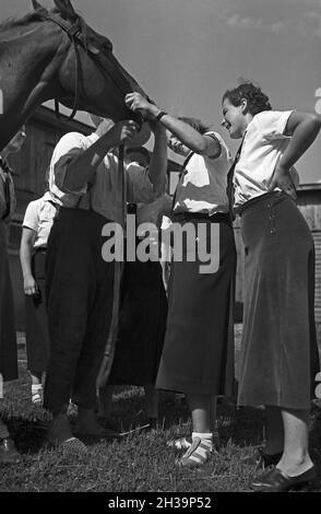 Mitglieder der NS-Frauenschaft zu Gast auf einem Bauernhof, Deutschland 1930er Jahre.Quelques membres de l'organisation des femmes nazies visitant une ferme, Allemagne des années 1930. Banque D'Images