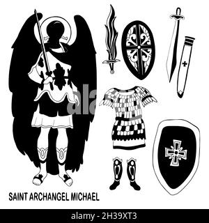 Collection de guerrier et gardien Archange Michael, armure, épée et courrier en chaîne.Illustration vectorielle.Dessin main de contour.Concept religieux de Cat Illustration de Vecteur